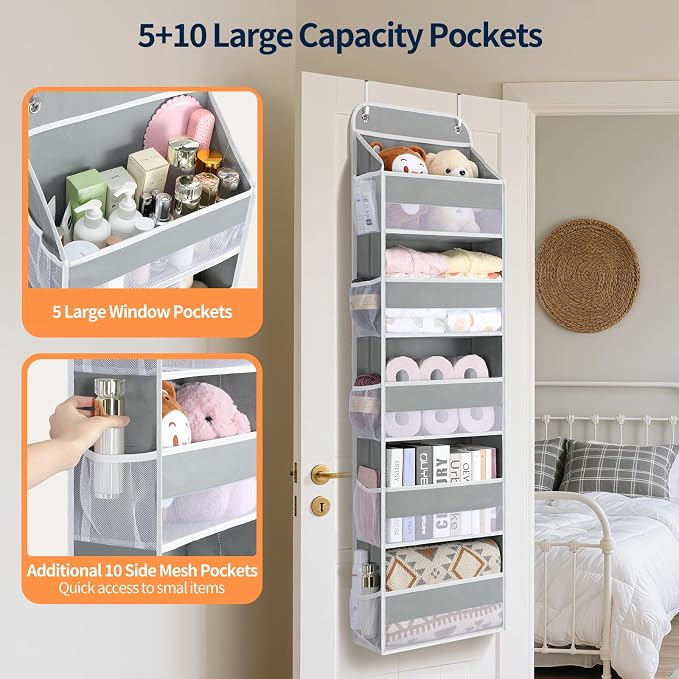 Yecaye Over The Door Organizer Storage, 5-Tier Heavy Duty Door Organizers Hanging with 10 Side Mesh Pockets, 44 lbs Load Capacity Behind Door Storage for Bathroom Nursery Bedroom Dorm Closet,Grey,1Pc - Image 2