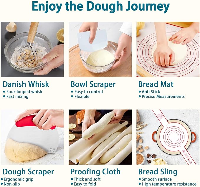 Aliggbent 28Pcs Sourdough Starter Kit, Rattan Banneton Proofing Baskets Set | Sourdough Bread Baking Supplies Set Rattan Banneton Baskets Liners Lame Danish Whisk Sling Scraper 28 Pcs Dough Tools - Image 5