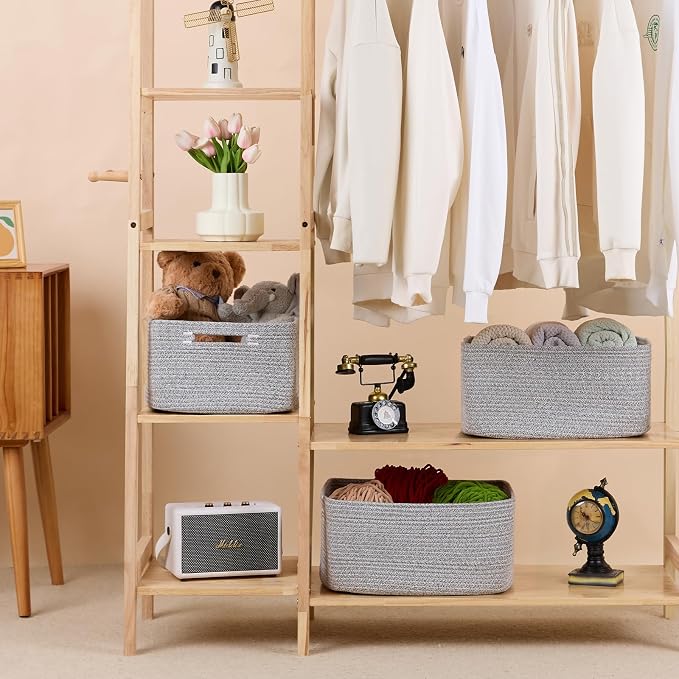 MiniArk Large Storage Baskets for Shelves, 17 x 13 x 7.5” Closet Organizers Bins for Clothes Blanket Towels, Baby Nursery, Toy Baskets Box, Woven Rope Baskets, 3 Packs Mixed Grey - Image 3