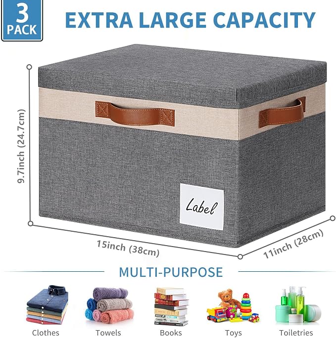 GhvyenntteS Fabric Storage Bins with Lids 3 Pack, Large Fabric Storage Baskets with Lid and Handles, Foldable Closet Organizers and Storage boxes with Label Window for Home (Beige, 15" x 11" x 9.7") - Image 3