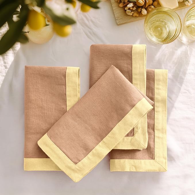 Linen World 100% French Linen Napkins Set of 4,20 x 20 Inch Double Layer Cloth Napkins,Washable Heavyweight for Holiday Dining Kitchen Decor,Lemon Yellow with Terracotta Contrast Border by LLinenWorld