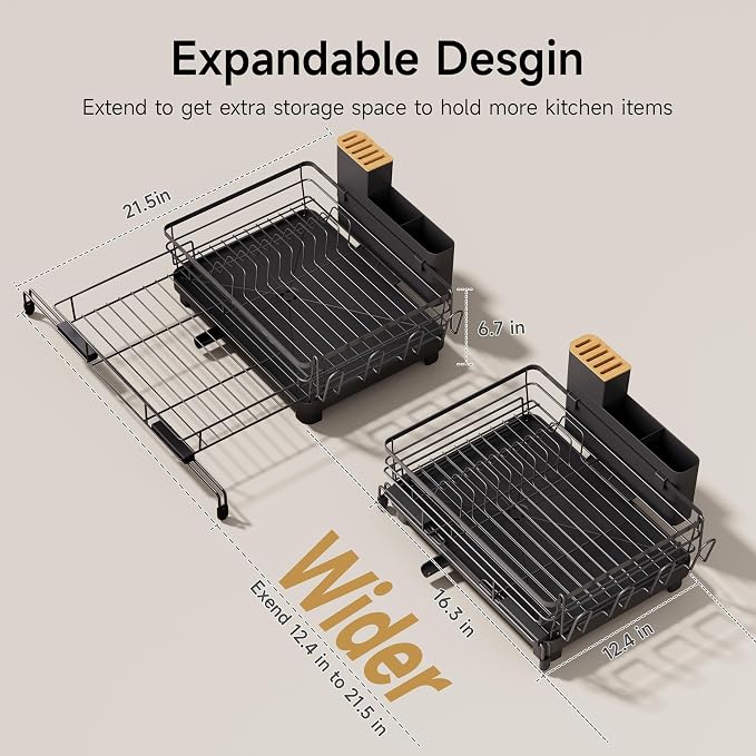 Runnatal Dish Drying Rack - Expandable Large Dish Rack Over Sink | Drying Dish Drainer for Kitchen Counter, Stainless Steel Dish Strainer with Utensil Holder & Cup Holder, Black - Image 2