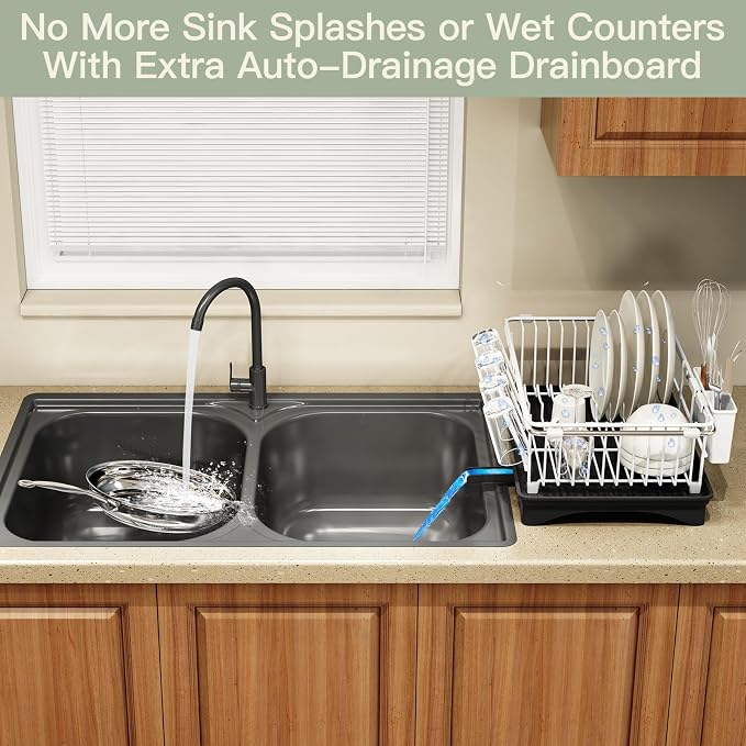 White Dish Drying Rack Over Sink with Utensil Holder, Drainboard | Expandable Stainless Steel Dish Drainer for Small Kitchen, Apartment, RV, Counter Space Saving, Perfect Fit, Rustproof - Image 5