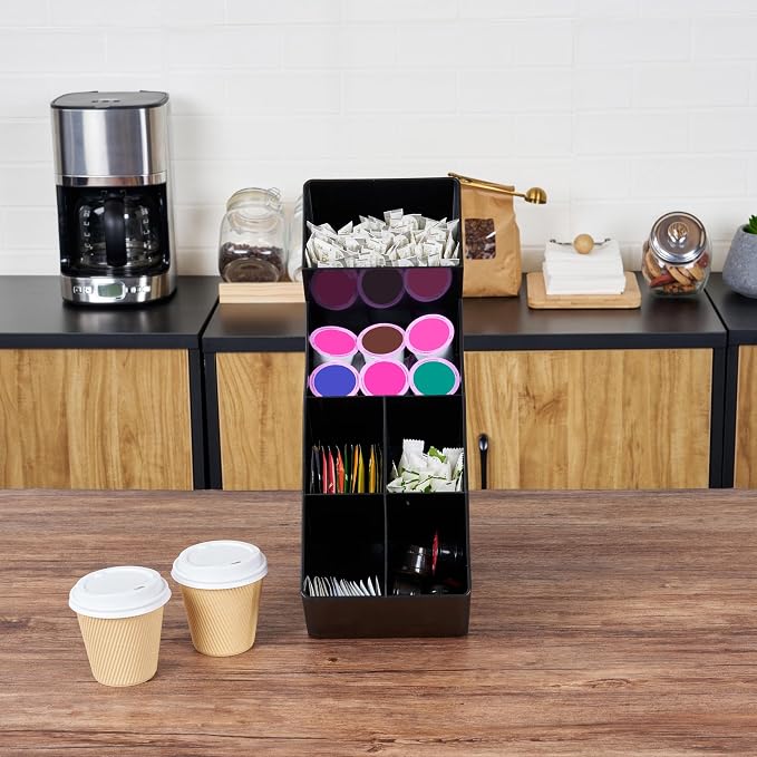 Restaurantware Restpresso Coffee Bar Organizer, 1 Count Durable 6 Compartments, Compact Size, Black Plastic Tabletop Coffee Supplies Organizer For Homes, Office Spaces, Breakrooms, and Lounges - Image 7
