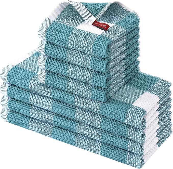 Homaxy Kitchen Towels and Dishcloths Set, Set of 8, White & Lake Blue | Bulk Cotton Waffle Weave Check Plaid Kitchen Towels, Super Soft and Absorbent Dish Cloths, 12 x 12 and 13 x 28 Inches by Homaxy