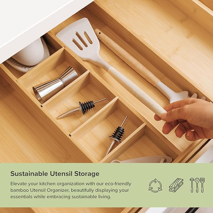 Silverware & Utensil Organizer Bundle, 18-33in & 16-28in | Includes two organizers, expandable 18-33 in; 16-28 in, food-safe bamboo, fits most drawers - Image 9