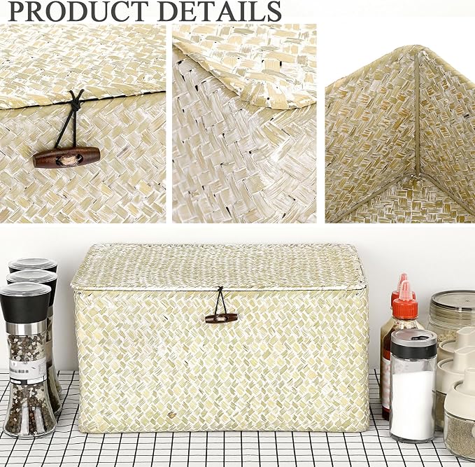 Hipiwe Wicker Shelf Baskets Bin with Lid, Large Seagrass Basket Storage Box | Handwoven Natural Baskets for Shelf Organizer, Rectangular Household Basket Boxes for Home Decor, Whitewash - Image 5