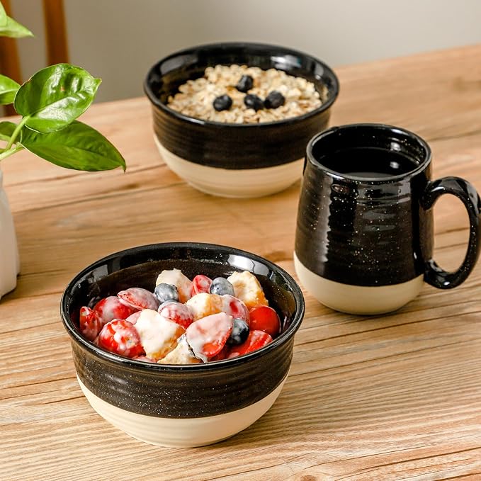 HASENSE Ceramic Cereal & Soup Bowls Set of 6, 20 Oz Black & Beige Stackable Stoneware Bowls, Farmhouse Bowls for Ramen, Salad, Oatmeal & Rice, Dishwasher & Microwave Safe - Image 5
