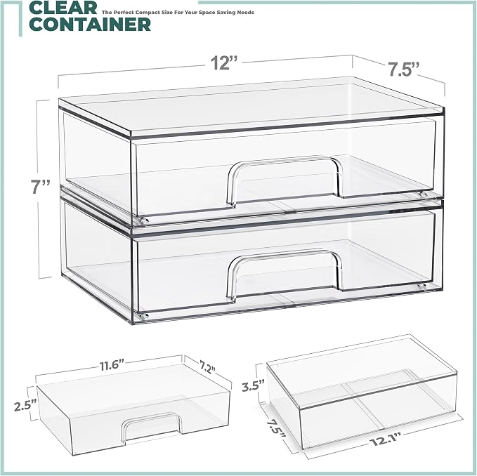 Sorbus Wide Stackable Acrylic Storage Drawers, 2 Pack Clear Plastic Organizer Bins for Baby Bottles, Makeup, Bathroom, Vanity & Countertop Organization, Pull-Out Drawer Design for Cabinets & Pantry - Image 3