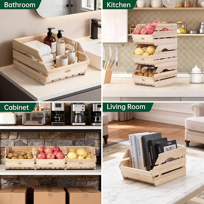 HABAU Wood Potato Onion Storage Bins - Wooden Stackable Produce Basket - Fruit Vegetable Storage for Kitchen Pantry Organization, Set 3 Pieces - Image 6