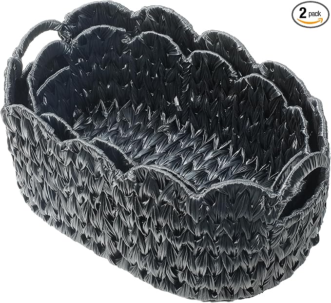 Coeusy Wicker Scalloped Basket Set of 2,Woven Storage Baskets for Shelves,Closet,Laundry,Gift,Towels,Books,Toys,Waterproof Decor Basket for Organizing,Black Oval by WEAVECOMFORTINTOEVERYCORNER