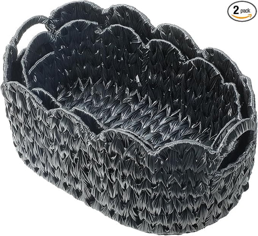 Coeusy Wicker Scalloped Basket Set of 2,Woven Storage Baskets for Shelves,Closet,Laundry,Gift,Towels,Books,Toys,Waterproof Decor Basket for Organizing,Black Oval by WEAVECOMFORTINTOEVERYCORNER