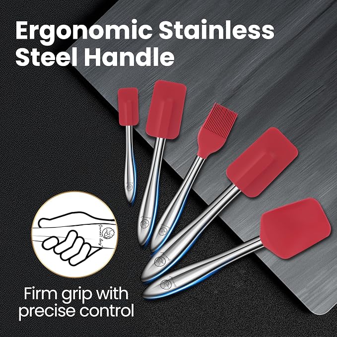 Gourmet Easy 5pcs Silicone Spatula Set with Stainless Steel Handles - Red | Heat-Resistant Silicone Protects Nonstick Cookware, Ergonomic Handles Offer Firm Control, Dishwasher Safe, 5-Year Warranty - Image 3