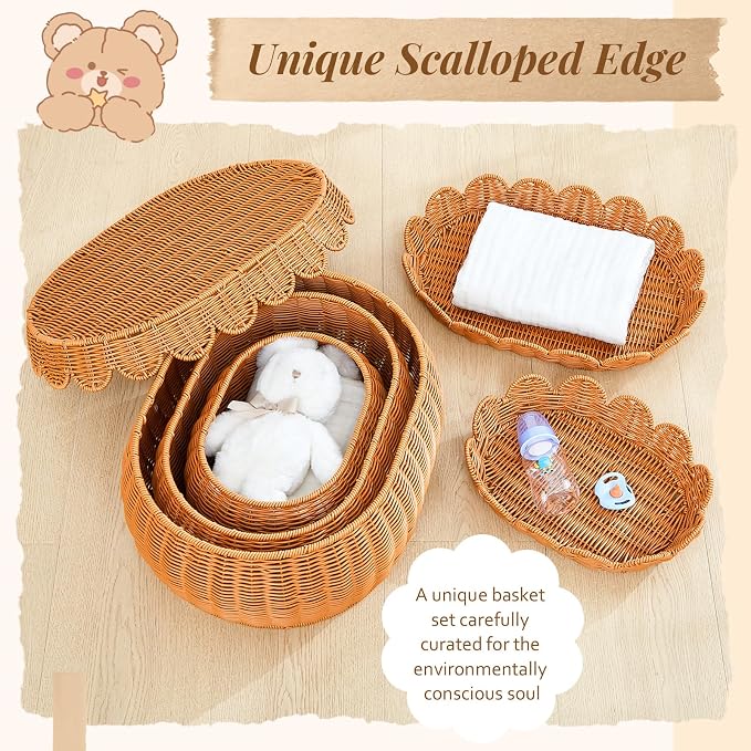 3 Pcs Scalloped Rattan Baskets, Baby Diaper Caddy, Imitation Woven Rattan Wicker Storage Baskets Plastic with Lid for Nursery Storage Organizer Bathroom Decor (Dark Brown,Small,Medium,Large) - Image 3