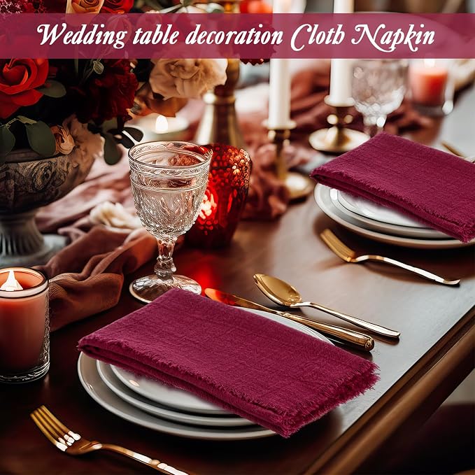 48 Pcs Cotton Linen Cloth Napkins with Fringe 16.5 x 16.5 Inch Square Rustic Dinner Linen Napkins Bulk for Wedding Party Banquet Dinner (Wine Red) - Image 4