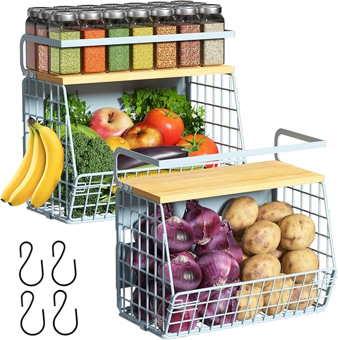 Magnetic Shelf for Fridge with Wood Lid, Fruit Potato and Onion Storage Bins, Pantry Organizers & Storage, Large Container Magnetic Spice Rack for Refrigerator, Kitchen Counter, Cabinet (Blue, 2) by Ofiray-home