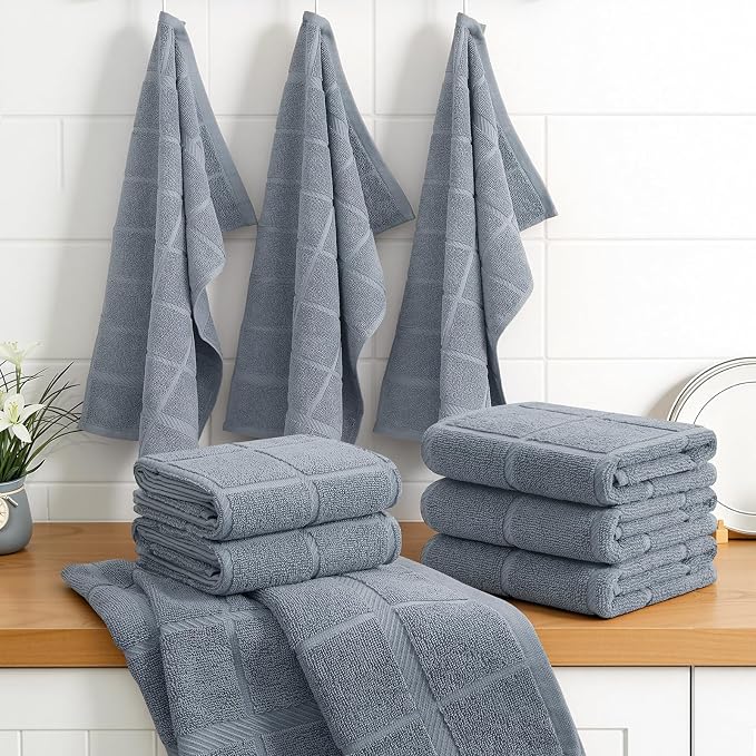 Homaxy 100% Cotton Kitchen Towels 18"x28", 8 Pack Dish Towels, Grey | Large 380 GSM Soft and Absorbent Kitchen Hand Towels with Terry Grid Design, Utility Tea Towel Set with Hanging Loop - Image 8