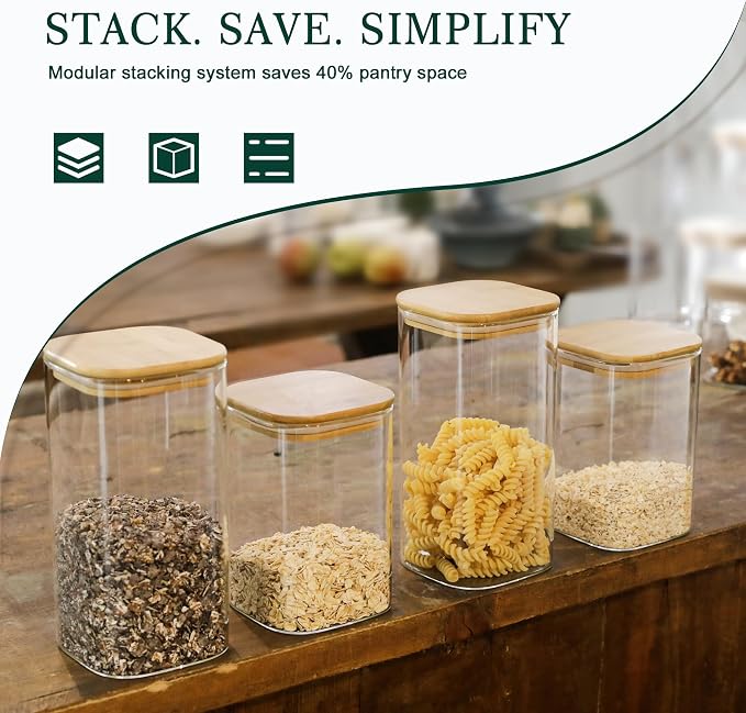 LIBWYS 8-Pack Glass Pantry Storage Jars with Bamboo Lids (1.22Qt/1.67Qt) | Stackable Square Food Containers for Pantry Organization, Coffee, Flour, Snacks, Tea, Sugar | Dry Food Kitchen Canisters Set - Image 5