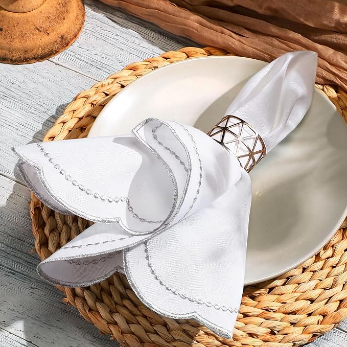 Hahafelt Cloth Napkins 18x18inches Scalloped Embroidery Cloth Napkins Washable Polyester Table Dinner for Hotel Restaurant Weddings Events Parties (Sliver,6 Set) - Image 3