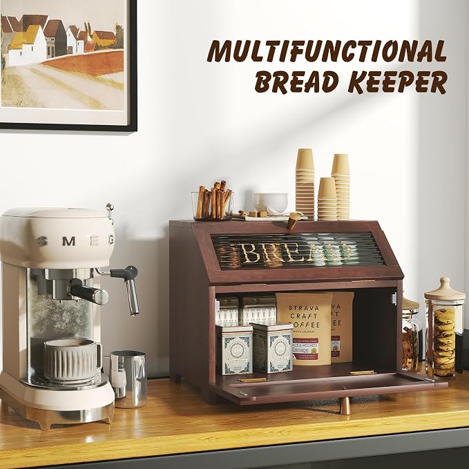 HOLTICO Double Layer Bread Box With Golden Trim for Countertop, Wooden Bread Container for Kitchen Counter, Corner Bread Storage, Brown - Image 6