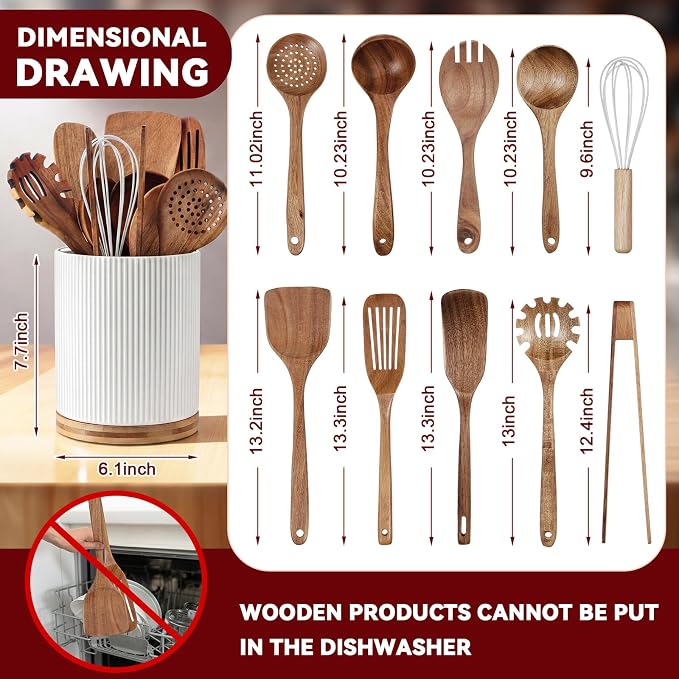 SiliFine 11 Pcs White Wooden Kitchen Utensils Set with 360° Ceramics Rotating Holder Acacia Wood Cooking Utensils with Cooking Spoons Spatulas Nonstick Cookware Countertop(White) - Image 2