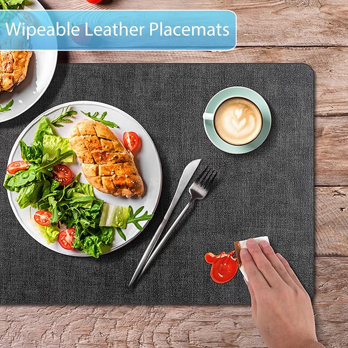 Placemats Set of 8 Washable, Heat Resistant Table Placemats Wipeable Faux Leather Place Mats Non Slip, Waterproof Square Table Mats for Indoor Outdoor, Charcoal Gray - Image 3
