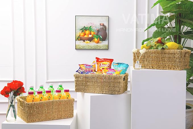 Large Natural Wicker Basket Rectangular with Wooden Handles, Seagrass Storage for Organizing, Shelves 15.5 x 10.6 x 5.5 inches - Image 8