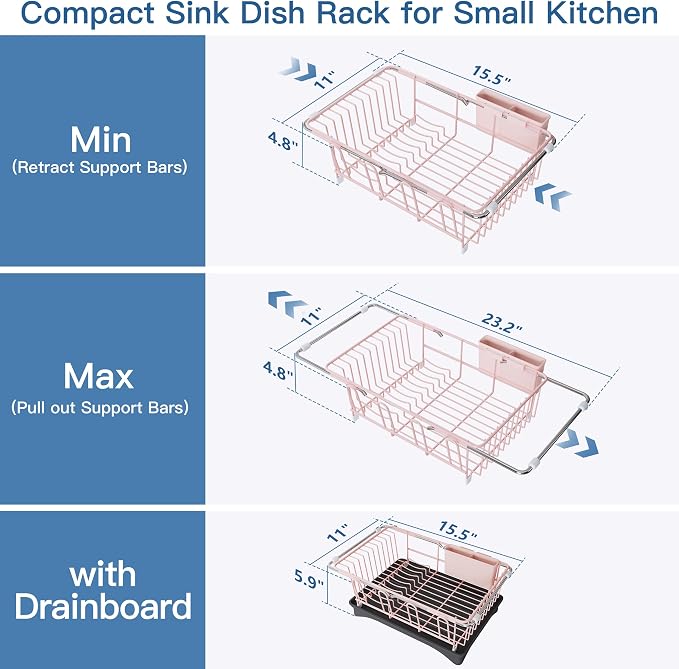 JASIWAY Pink Dish Drying Rack in Sink with Drainboard and Utensil Holder | Use Over the Sink or Counter, Stainless Steel Expandable Dish Drainer for Small Kitchen, Space Saving, Fast Drain, Rustproof - Image 5
