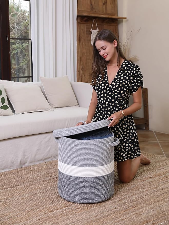 16" x 16" x 18" Extra Large Storage Basket with Lid, Cotton Rope Storage Baskets, Laundry Hamper, Cloth Bin, for Clothes Towels Blankets Pillows Storage in Living Room, Dual Grey with Lid - Image 6