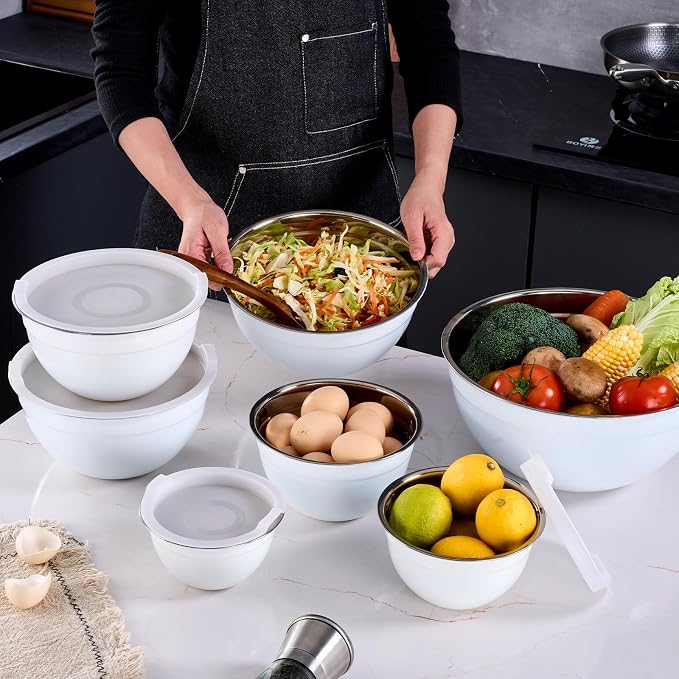White Mixing Bowls With Airtight Lids,Stainless Steel Bowl,Salad Bowls 7 Piece Colorful Nesting Bowl White Kitchen Accessories,Size 7,3.6,2.7,2.1,1.5,1.1,0.8QT Stackable Design - Image 7