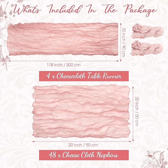 4 Cheesecloth Table Runners and 48 Napkins Set, 10Ft Boho Cheese Cloth Table Runners 20 x 20 Inch Rustic Wrinkled Gauze Napkins for Wedding Birthday Baby Shower Party Decor (Dusty Pink) - Image 2
