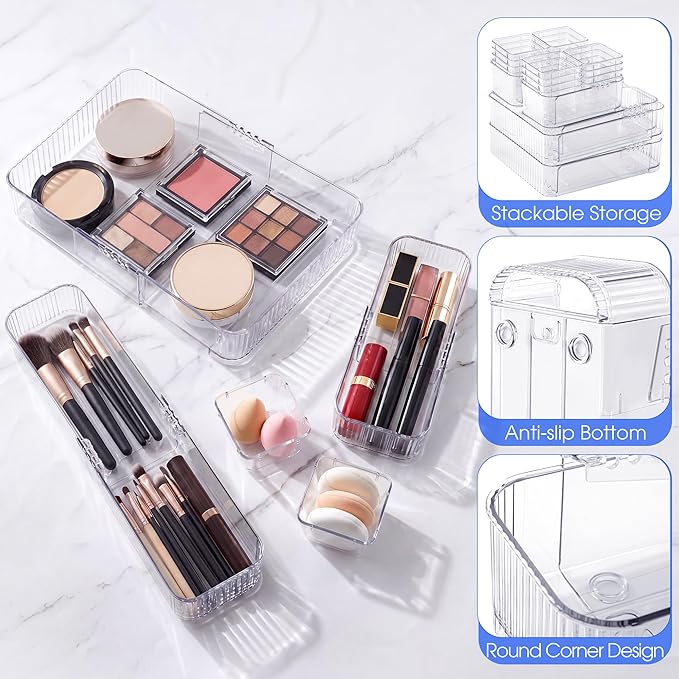 Aneco 20 Pieces Extendable Clear Drawer Organizer Adjustable Vanity Storage Box 4-Size Desk Drawer Divider Acrylic Storage Bins for Makeup, Cosmetic, Jewelries, Bedroom Kitchen Utensils Gadgets - Image 3