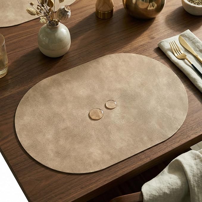 Placemats, Oval Placemats 2mm Ultra Thick Faux Leather Table Mats, Heat Resistant Waterproof Wipeable Dining Mats for Kitchen Table, Set of 8, Apricot - Image 7