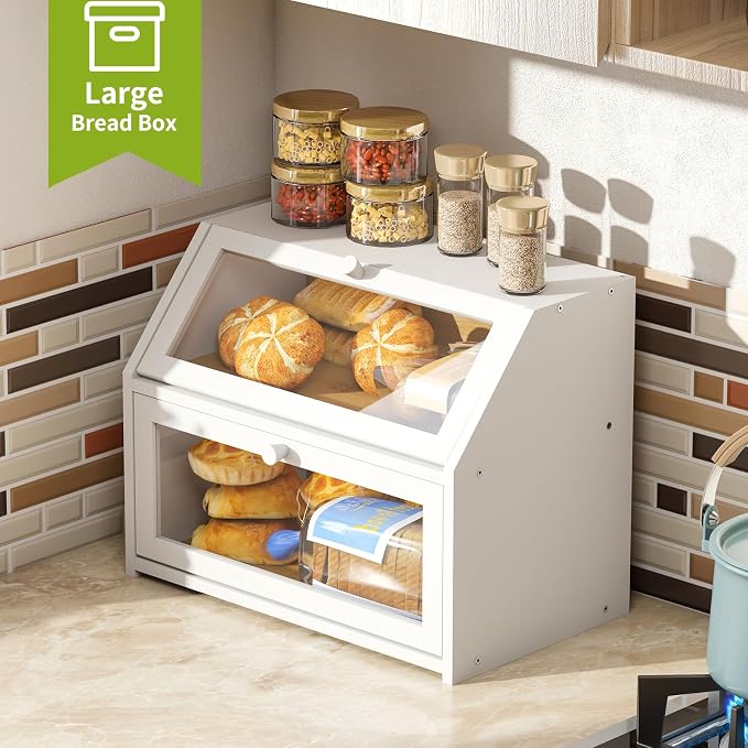BMOSU Farmhouse Bread Box for Kitchen Countertop Bread box Double Layer Bamboo Wooden Extra Large Capacity Bin Kitchen Food Storage Container(White) - Image 4