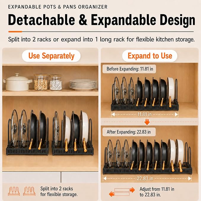Pots and Pans Organizer Rack,Expandable Pot Lid Holder for Kitchen Cabinet | 11.81''-22.85'' Metal Rack with 12 Adjustable Dividers,Multifunctional Organizer for Cookware Bakeware Cutting Board Storage - Image 3