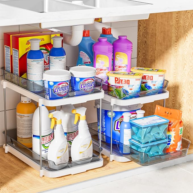 Delamu 2-Tier Multi-Purpose Bathroom Under Sink Organizers and Storage, Stackable Kitchen Pantry Organization, Pull Out Medicine Cabinet Organizer with Movable Dividers, Grey, 2 Pack - Image 6