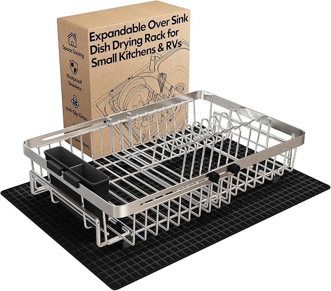 Dish Drying Rack Over The Sink with Utensil Holder, Mat | Expandable Stainless Steel Dish Drainer for Small Kitchen, Apartment, RV, Counter Space Saving, Perfect Fit, Rustproof by MAJALiS