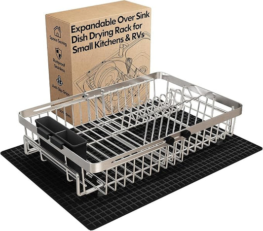 Dish Drying Rack Over The Sink with Utensil Holder, Mat | Expandable Stainless Steel Dish Drainer for Small Kitchen, Apartment, RV, Counter Space Saving, Perfect Fit, Rustproof by MAJALiS