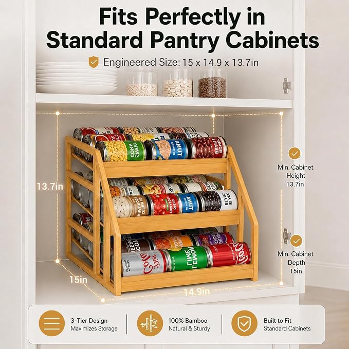 MinBoo 3-Tier Bamboo Can Organizer for Pantry - Holds 36 Cans (9/12/15) - Stackable Canned Food Dispenser with Adjustable Dividers - Gravity-Fed Rolling Storage Rack for Kitchen Cabinets - Image 2