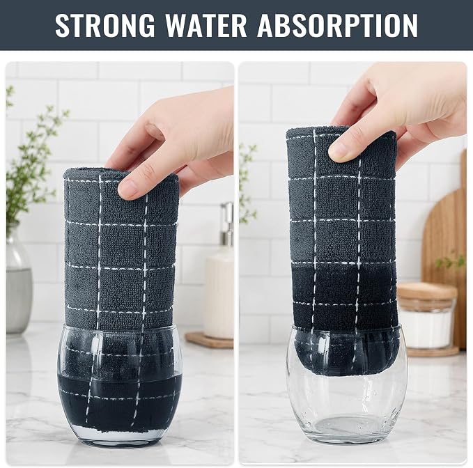 Kitinjoy 100% Cotton Terry Kitchen Towels, 13”x 28”, 6-Pack, Dark Grey | Checkered Designed, Ultra Soft Absorbent Quick Drying Dish Towels - Image 5