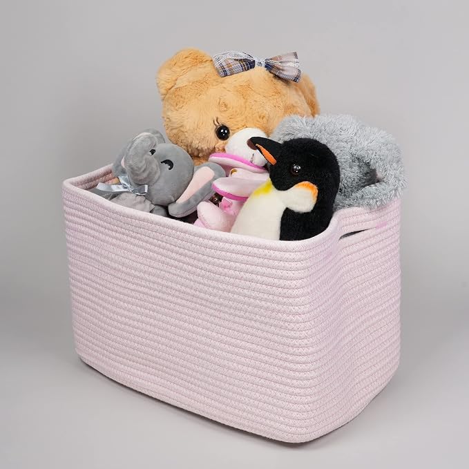XUANGUO Woven Cotton Rope Storage Baskets 15x10x9.3" 3 Pack Light Pink | Decorative rectangular storage baskets for shelves and closets; storage bins organize clothes, toys, books and nursery items. - Image 5
