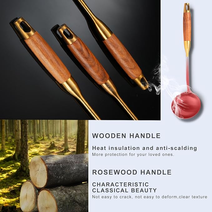 Gold Kitchen Utensils Set Stainless Steel 9 PCS with Wooden Handle | Food-grade 304, Sturdy, Wooden Handle, Anti scald, Work with large batches, Good weight, Well Balance, 13-14 Inch - Image 4