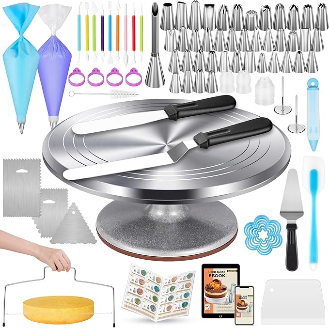 Kootek 180 Aluminum Cake Decorating Kit, Baking Tools for Beginners & Pros | Smooth Rotating, All-in-1 Kit, Easy to Clean, Cake Stand Turntable for Decorating Display Baking, Piping Bags and Tips Set by Kootek