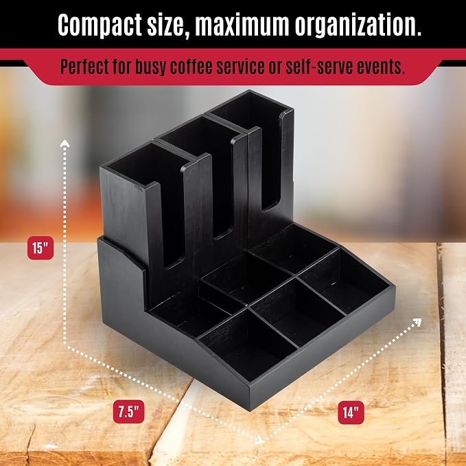 Tablecraft 12690 Coffee Condiment Organizer, 9 Compartments with 3 Removable Cup/Lid Holders, Bamboo Wood Painted Black, Ideal for Cafes, Breakfast Buffets, and Restaurants - Image 6
