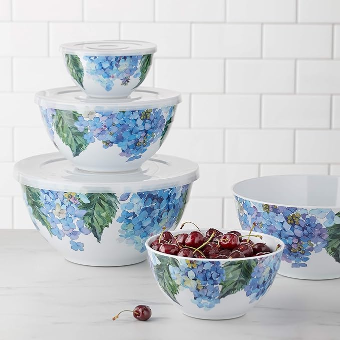 Amazon Basics Mixing Bowls with Lids, Nesting Melamine Serving Bowls, Non-Slip Base, BPA Free, Dishwasher Safe, 5 Sizes, Hydrangea Floral, Set of 10 - Image 5