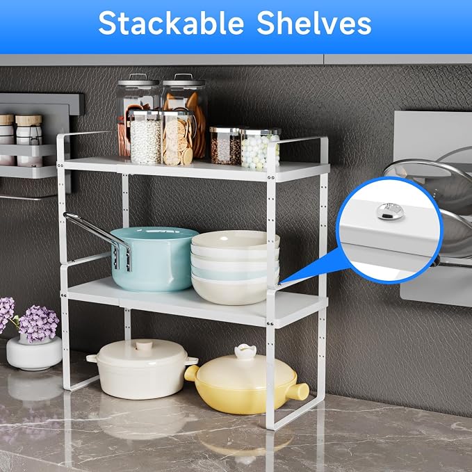 Expandable Cabinet Shelf Organizer, Stackable Kitchen Pantry Counter Storage, Adjustable Closet Cupboard Stand Rack Risers Spice Organization, 80LBS Heavy Duty, White 3 Pack - Image 4