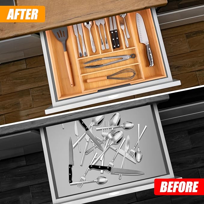 Large Premium Bamboo Silverware Organizer - Expandable Utensil Drawer Organizer - 17"x19.6" Utensil Holder and Cutlery Tray with Grooved for Kitchen Flatware and Utensils Mother's Day Gift - Image 3