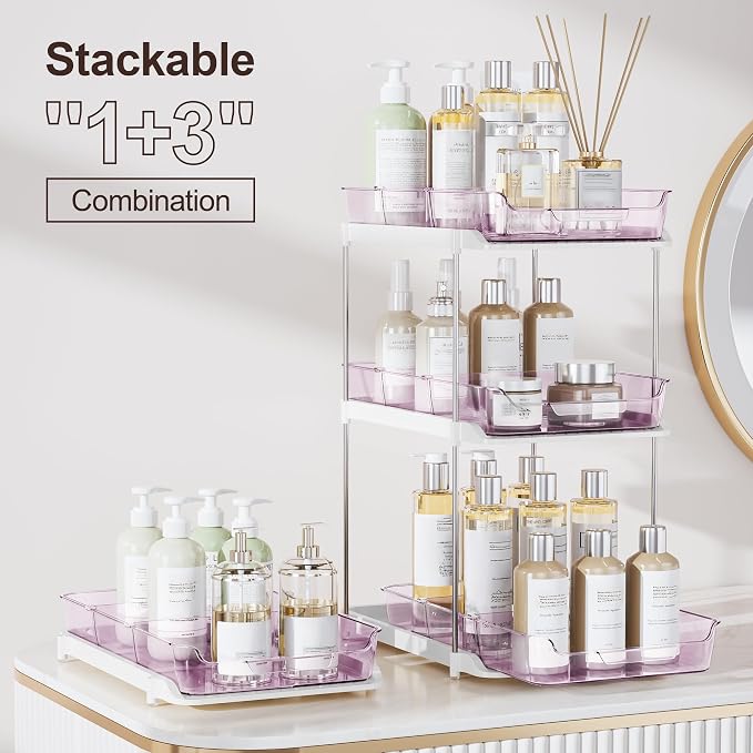 Delamu 2-Tier Multi-Purpose Bathroom Under Sink Organizers and Storage, Stackable Kitchen Pantry Organization, Pull Out Medicine Cabinet Organizer with Movable Dividers, Purple, 2 Pack - Image 3