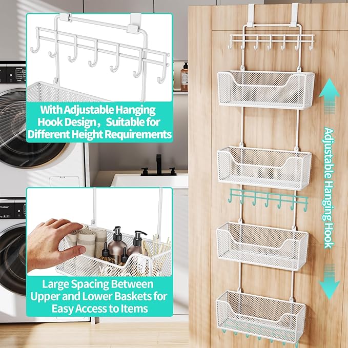 HapiRm Over Door Organizer Storage - Hanging Door Organizer with 4 Metal Large Capacity Baskets and Adjustable Coat Hook for Bathroom Bedroom Kitchen Pantry Closet Cabinet - Image 5