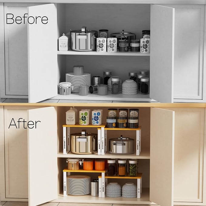 Adjustable Storage Shelves for Kitchen Cabinet Organization - Set of 2 Stackable Metal & Solid Wood Racks, Space-Saving Design for Countertop/Pantry/Garage, Easy Assembly(1 Pack/Medium/White) - Image 4